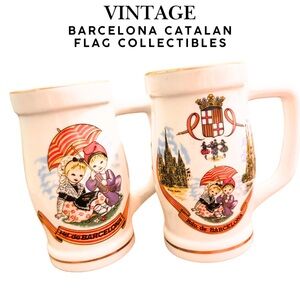 Vintage Pair Barcelona Spain Ceramic Mugs Gold Trim Catalan Flag Collectible
